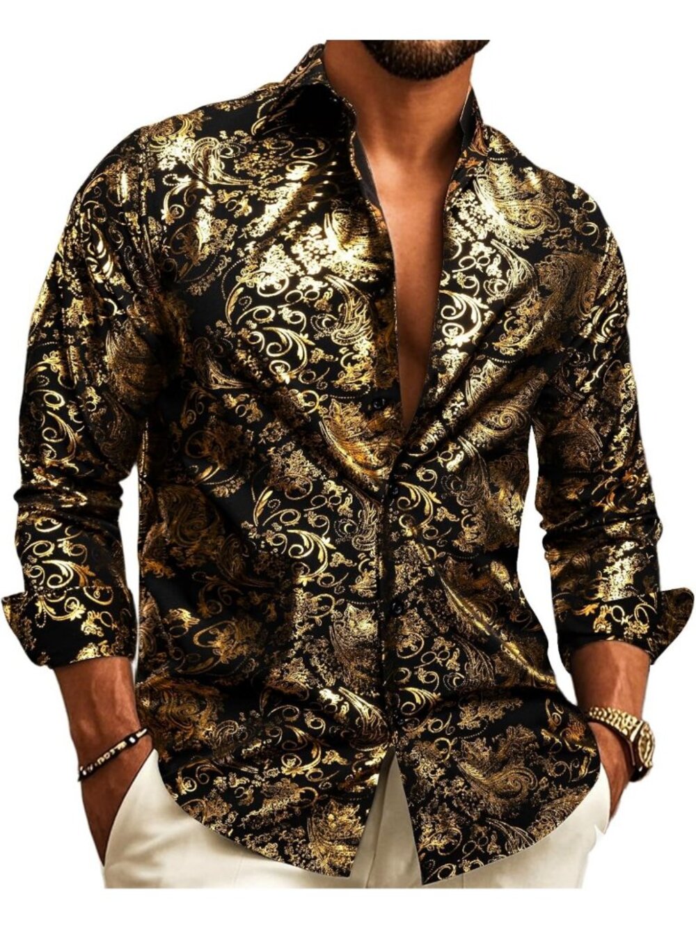 Stylish Men's Long Sleeve Disco Shirt - Paisley Print for Nightclub & Parties